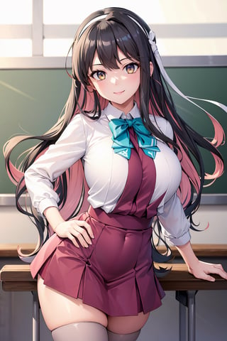 (masterpiece), best quality, incredibly absurdres, highres, high detail eyes, high detail background, perfect face, expressive eyes, (big breasts:1.2), standing, smile, classroom, hmngnm, naganami \(kancolle\), multicolored hair, white hairband, white jacket, purple dress, school uniform, grey pantyhose, aqua bowtie, long sleeves