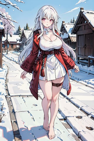 (masterpiece), best quality, perfect face, expressive eyes, young, (loli:1.2), large eyes, (huge breasts:1.2), (standing:1.2), snowy village, oppai_loli, clara, white hair, long hair, pink eyes, bare_feet, hair intakes, white choker, thigh strap, red jacket, red coat, white dress