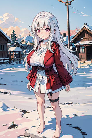 (masterpiece), best quality, perfect face, expressive eyes, young, (loli:1.2), large eyes, (huge breasts:1.2), (standing:1.2), snowy village, oppai_loli, clara, white hair, long hair, pink eyes, bare_feet, hair intakes, white choker, thigh strap, red jacket, red coat, white dress,opll,oppai_loli