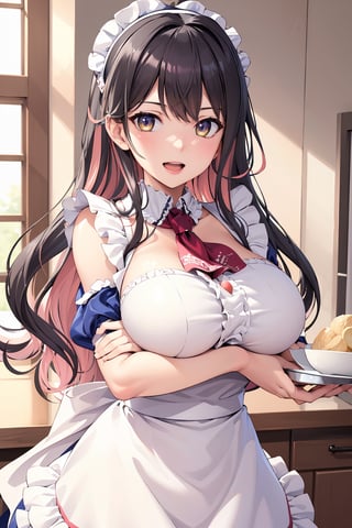(masterpiece), best quality, incredibly absurdres, highres, high detail eyes, high detail background, perfect face, expressive eyes, (huge breasts:1.2), standing, smile, open mouth, kitchen, hmngnm, naganami \(kancolle\), multicolored hair, white hairband, (frilled maid uniform:1.2)