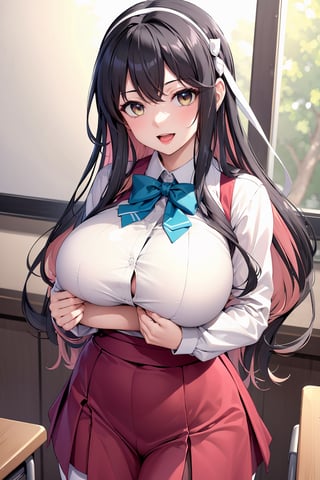 (masterpiece), best quality, incredibly absurdres, highres, high detail eyes, high detail background, perfect face, expressive eyes, (huge breasts:1.2), standing, smile, open mouth, classroom, hmngnm, naganami \(kancolle\), multicolored hair, white hairband, white jacket, dark red dress, school uniform, pantyhose, aqua bowtie, long sleeves,masterpiece