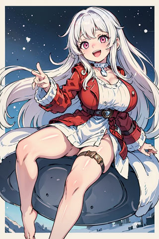 (masterpiece), best quality, perfect face, expressive eyes, young, (loli:1.2), large eyes, (huge breasts:1.2), smile, happy, open mouth, (happy pose:1.2), snowy village, clara, white hair, long hair, pink eyes, bare_feet, hair intakes, white choker, thigh strap, red jacket, red coat, white dress, oppai_loli