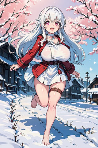 (masterpiece), best quality, perfect face, expressive eyes, young, (loli:1.2), large eyes, (huge breasts:1.2), smile, happy, open mouth, (running:1.2), snowy village, clara, white hair, long hair, pink eyes, bare_feet, hair intakes, white choker, thigh strap, red jacket, red coat, white dress, oppai_loli