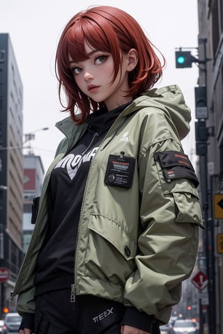 1girl,AgoonGirl ,urban techwear,Detailedface,outfit,Detailedeyes, red hair,AgoonGirl