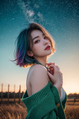 (close-shot photo:1.4) of a beatutiful woman wearing white underwear and cardigan on a open field, embers of memories, colorful, (photo-realisitc), nebula background, nebula theme,exposure blend, medium shot, bokeh, (hdr:1.4), high contrast, (cinematic, teal and green:0.85), (muted colors, dim colors, soothing tones:1.3), low saturation,fate/stay background,yofukashi background,(pureerosface_v1:0.8), (ulzzang-6500-v1.1:0.8),breasts,Beautiful eyes ,ASU1,bare shoulders,dream_girl, naked, perfect hands, perfect body