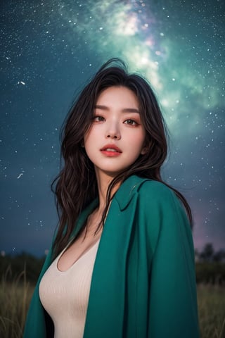 (close-shot photo:1.4) of a beatutiful woman wearing a long coat on a open field, embers of memories, colorful, (photo-realisitc), nebula background, nebula theme,exposure blend, medium shot, bokeh, (hdr:1.4), high contrast, (cinematic, teal and green:0.85), (muted colors, dim colors, soothing tones:1.3), low saturation,fate/stay background,yofukashi background,(pureerosface_v1:0.8), (ulzzang-6500-v1.1:0.8),breasts