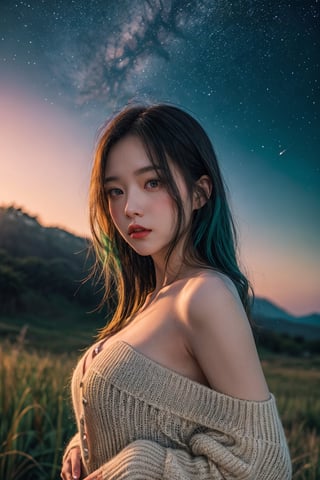 (close-shot photo:1.4) of a beatutiful woman wearing white underwear and cardigan on a open field, embers of memories, colorful, (photo-realisitc), nebula background, nebula theme,exposure blend, medium shot, bokeh, (hdr:1.4), high contrast, (cinematic, teal and green:0.85), (muted colors, dim colors, soothing tones:1.3), low saturation,fate/stay background,yofukashi background,(pureerosface_v1:0.8), (ulzzang-6500-v1.1:0.8),breasts,Beautiful eyes ,ASU1,bare shoulders,dream_girl, naked, perfect hands, perfect body