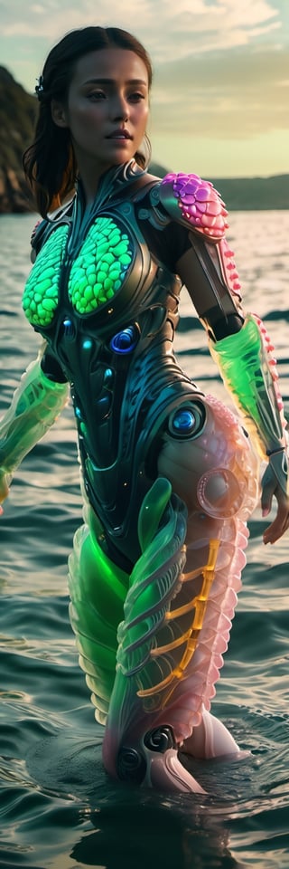 Hyperealistic Best adaptation of the human body to live underwater, organic, full body,  fluorescent jelly parts, organic lines in the body, translucent ,Translucent fluorescent armour protecting vital organs, Movie Still, beautymix, sea scenery, RAW 