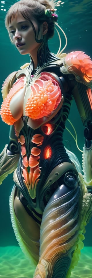 Hyperealistic Best adaptation of the human body to live underwater, organic, full body,  fluorescent jelly parts, organic lines in the body, translucent ,Translucent fluorescent armour protecting vital organs, Movie Still, beautymix, sea scenery, RAW 