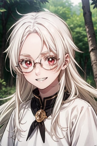 ivy, forest, pine trees, white clothes, portrait, ((1guy)), boy, young, sole_male, zigzag part, long white hair without bangs, pale pink eyes, white eyelashes, ((albino)), femboy, otokonoko, dot_eyebrows, round glasses, hair_past_waist, hair_flaps, forehead, long_hair, longhair, very_long_hair, smile, grin, abigail_williams_(fate/grand_order), fluffy hair