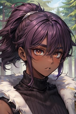 ivy, forest, pine trees, sweater, exposed shoulders, portrait, ((1guy)), boy, young, sole_male, (femboy), otokonoko, fat_eyebrows, fluffy hair, wavy hair, (dark skin), ((dark_purple_hair)), folded_ponytail, ((brown eyes)), ditzy, (effeminate), hair_between_eyes, curly_hair, jitome, sidelocks, jitome, curious