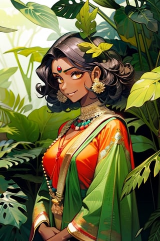 ivy, forest, ferns, 1girl, dark skin, curly_hair, short_hair, indian, big_hair, mature, mature_female, cougar_(mature),Indian dress, happy