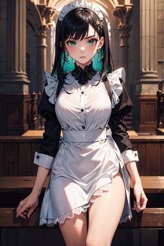 masterpiece, best quality, cathedral, cathedral with colored mosaic mirrors, colored mosaic mirrors, lighting background, extremely detailed face, solo, 1girl, shining green eyes, serious_face, emerald_earrings, perfect_face, hair simple ornament, black_hair, emo_hair, silky_hair, (lace_material, maid_clothes:1.2), two beautiful legs, show_shot:1.2, 
