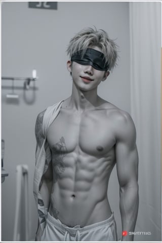 focus straight_shota,  Gojo Satoru,  full body,  Muscular body, ((2 eyes covered)) ((blind)), no cloth, naked,  blindfolded,  Jujutsu kaisen,  mix of fantasy and realism,  special effects,  fantasy,  ultra hd,  hdr,  4k,  realhands,  neutral smile face,  perfect, , , , , 
Sexy Muscular,realhands