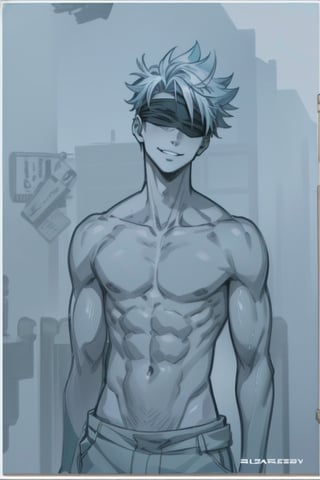 focus straight_shota,  Gojo Satoru,  full body,  Muscular body, 2 eyes covered,  blindfolded,  Jujutsu kaisen,  mix of fantasy and realism,  special effects,  fantasy,  ultra hd,  hdr,  4k,  realhands,  neutral smile face,  perfect, , , , , 
Sexy Muscular,realhands