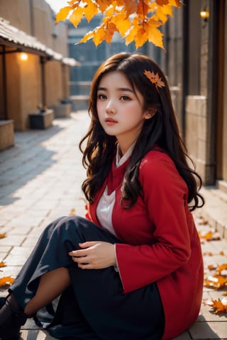  (best quality:1),16year,beautiful ,(wavy_hair) girl,makeup,(sitting at the courtyard,autumn,fallen leaves,high wind),solo ,open,Mechanical part