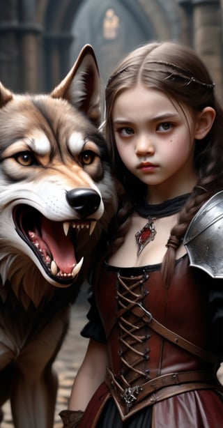 Ultra wide photorealistic medieval gothic image, an young girl facing the camera, master of wild bloodthirsty wolves trying to bite,  the beastmaster, gothic background, brown and black, detailed 8k horror artwork,more detail XL