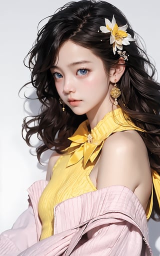 Masterpiece, best quality, official art, highly realistic, (masterpiece), (best quality), (1 girl), black big eyes, bangs, (powder blusher), shoulder length hair, yellow hair, flower hair clips, (blue sweater, shirt collar), small chest, pink shoulder bag, Upper body close-up with white background,Daofa Rune,Fashion Style