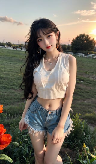 (Realisticity:1.4),Cinematic Lighting,1Girl,(standing,beautiful long_Slender_legs),(korean mixed,kpop idol:1.2),earrings,necklace,(long_brown_wavy_hair),shiny_lips,eyelashes,make-up,shiny,Pore,skin texture,big breasts,smile, ((Knit sweater vest, high-waisted shorts, ankle boots)),((A serene sunset over a peaceful meadow with grazing horses, Op Art, Poppy, Dazzling, Manet)), Fashion Style,Asian 
