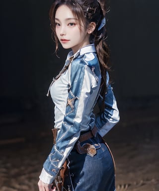 (look at the viewer:1.2), ((cowboy shot:1.8)), (portrait from just in front, slightly below:1.2), 24 years old lady standing, facing straight at viewer, pale blue background, (from breasts to head in frame, straight on), (masterpiece, wallpaper, RAW photo, highest quality, ultra-detailed, absurdres, photo-realistic), (extremely skin-tight white shirt with collar, long sleeves, fully buttoned, rolled-up sleeves:1.4), a hand behind back of neck, elegant, classy, formal, serious, high fashion, small head, (long neck:1.2), broad forehead, (smile:0.3), (cheek:1.4), pale skin, french braid ponytail, (LARGE BREASTS:0.5), ((Luxury sneakers)), professional lighting,
,more detail 