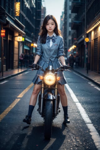 masterpiece, highly detailed photorealistic 8k raw photo, best cinematic quality, volumetric lighting and shadows, 
1girl(school uniform), on ((Chambray Blue sprbk)), futuristic cityscape, macro shot,ftsbk