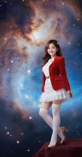 Photorealistic, Smile, White stockings, masterpiece, best quality, White dress, Brown hair, Frills, (Layered:1.0), Beautiful night, stars on sky, (land), (night theme:1.2), (Official_wallpaper:1.3), (Nebula in sky:1.3), (Iselestia room background:1.3), Red jacket,
