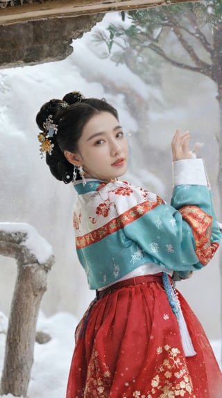  1girl,half,(Masterpiece:1.29), best quality, arien_hanfu, 1girl, (falling_snow:1.33), looking_at_viewer,(big breasts:1.63), hand101, hanbok,
