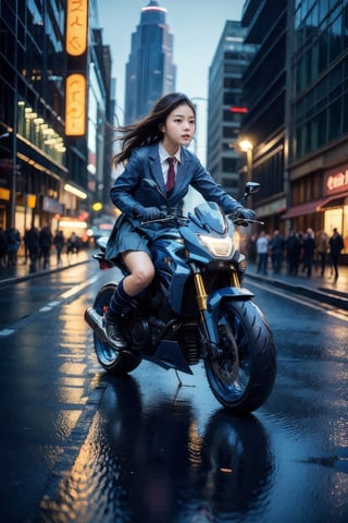 masterpiece, highly detailed photorealistic 8k raw photo, best cinematic quality, volumetric lighting and shadows, 
1girl(school uniform), on ((Chambray Blue sprbk)), futuristic cityscape, macro shot,ftsbk