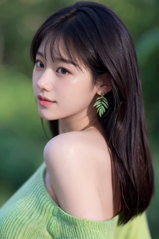  1girl, solo, looking at viewer, bangs, black hair, brown eyes, jewelry, closed mouth, upper body, earrings, medium hair, from side, sweater, lips, makeup, leaf, plant, green background, green theme, green sweater, realistic, Chinese style
