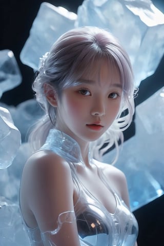 (a statue of a girl carved from ice, the body is completely transparent:1.6), (glowing fluorescent effect), sexy Korean idol face, wavy hair, from below, (upper thighs shot),