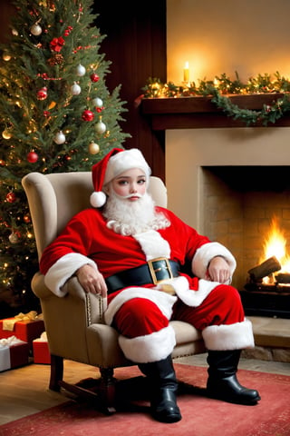 Santa Clause, christmas_clothes, Christmas, on cozy chair, fireplace, gifts, night, tree decorated