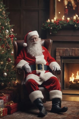 Santa Clause Sitting On Cozy Chair beside gifts and Decorated Tree, Fireplace, Cinematic, full body Shot, realistic, Detailed, 4k