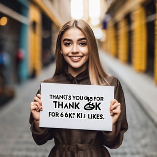 beautiful female  (((holding a sign with the text: "thank you for 6k likes"))), 