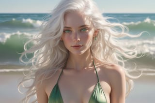A strikingly graceful woman stands wearing bikini on a beach, her flowing white hair and piercing green eyes catching the sunlight.  Soft, delicate features and a subtle hint of vulnerability make her presence both captivating and enigmatic. This exquisite artwork exudes a sense of serene elegance and evokes a profound sense of wonder., 