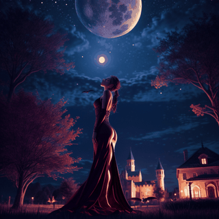 photorealistic, female vampire, castle in background , night time, full red moon, bats flying around in sky, hourglass_figure, high_resolution, detailed, full body animation 