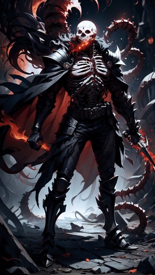 Skeleton Warrior 
wearing black Full Body Armor 
Warrior's Cape
Immiting Red smoke from body 
Full body shot 
Standing 
,rage,dreadtech 