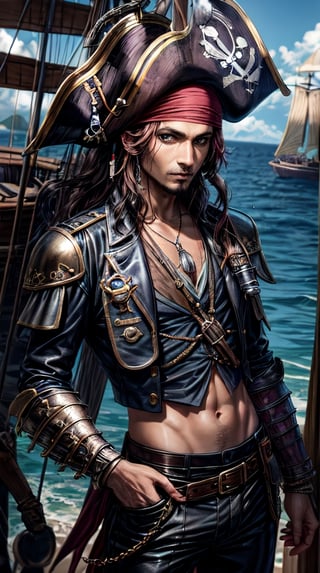 Male, pirate, wearing leather armor and lether pant, looking at the viewer,  Highest quality, best quality, ((masterpiece)), (best quality), (intricately detailed), (surreal), ridiculous resolution, vibrant. leather,pirates of the caribbean,high detail, mysterious, pirate ship, sea
