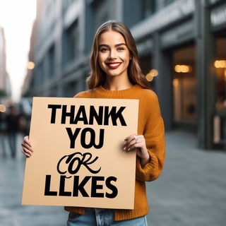 beautiful female  (((holding a sign with the text: " thank you for 6k likes "))), ,more detail XL,photo r3al