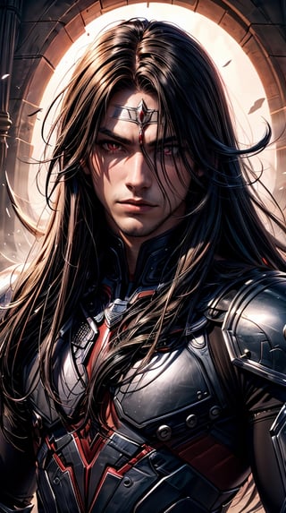 1man, vibrant colors, head and shoulders portrait, long_hair, pale, red_eyes, warrior, werewolf
