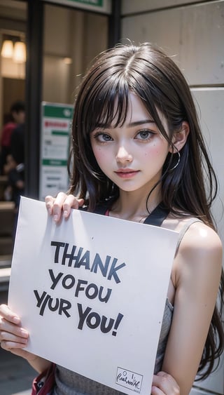 create an image where a beautiful girl is holding sign that says thank you for 6k likes 