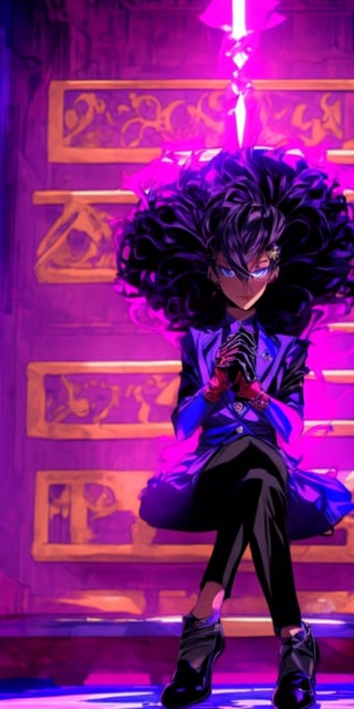 EpicGhost,  solo,  looking at viewer,  short hair,  black hair,  gloves,  1girl ,  sitting,  jacket,  full body,  female focus,  necktie,  shoes,  belt,  pants,  black footwear ,chair,  formal, elegent suit,  glowing eyes,  monster, long curly hair ,  throne, red theme,purple theme