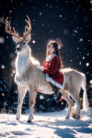 Outdoors, snowing, mountain road with blowing snow, beautiful girl in sexy christmas outfit, sitting on the back of a deer,Christmas gifts are scattered on the ground, ((looks at camera)), high resolution, highly detailed, looking at viewer, sexy appearance, posing for Photoshoot, girl, sexy christmas outfit, 1 girl, reality, sntdrs, snowflakes, very sharp, heavy snow, Rudolph the deer with its horn cut off watches from the side of Santa Girl., christmas,realistic,ChristmasDecorativeStyle,Snow,Snowflakes,eager pet pose