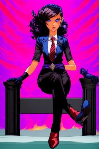 EpicGhost,  solo,  looking at viewer,  short hair,  black hair,  gloves,  1girl ,  sitting,  jacket,  full body,  female focus,  necktie,  shoes,  belt,  pants,  black footwear ,chair,  formal, elegent suit,  glowing eyes,  monster, long curly hair ,  throne, red theme