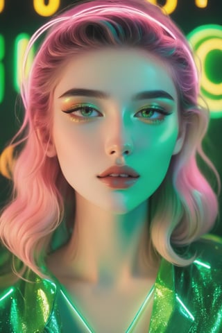 A young model, stunning girl wears a shade of green that shimmers like a translucent neon sign, evoking feelings of growth, renewal, and vibrancy,neon photography style, K-Eyes