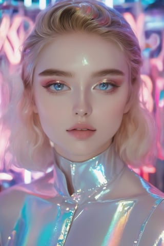 portrait, A young model, a stunning girl with big bright eyes, dressed in mother-of-pearl clothes that shimmer like a translucent neon sign, causing a feeling of freshness, renewal and brightness - the style of neon photography, wet makeup on her face, iridescent glitters on her eyelids and lips, K-Eyes