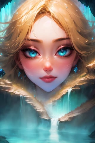 In a magical underground realm, a (((closeup beautyful girl))) stands before the entrancing Cave of Wonders, surrounded by towering gemstones and the soothing sounds of cascading waterfalls. This scene is a testament to nature's grandeur and the girl's inner beauty. blonde hair, K-Eyes