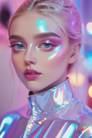 portrait, A young model, a stunning girl with big bright eyes, dressed in mother-of-pearl clothes that shimmer like a translucent neon sign, causing a feeling of freshness, renewal and brightness - the style of neon photography, wet makeup on her face, iridescent glitters on her eyelids and lips, K-Eyes