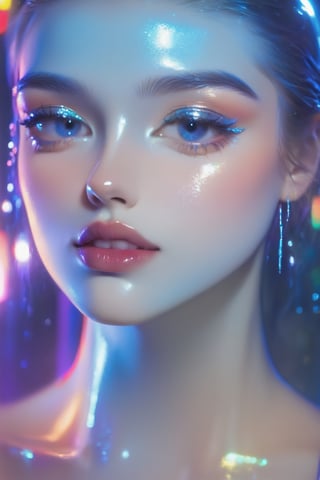 portrait, A young model, an amazing girl, dressed in a blue dress that shimmers like a translucent neon sign, causing a feeling of freshness, renewal and brightness - the style of neon photography, wet makeup on her face, iridescent glitters on her eyelids and lips, K-Eyes