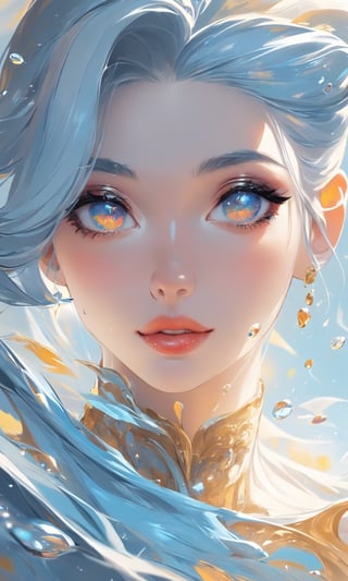 splash art, a close up liquid luminous lady made of colors, golden, white pastel blue silver, filigree, filigree detailed, color drops, coloe waves, splash style of colorful paint, hyperdetailed intricately detailed, unreal engine, fantastical, intricate detail, splash screen, complementary colors, fantasy, concept art, 8k resolution, deviantart masterpiece, oil painting, heavy strokes, paint dripping, splash arts, fantasy art, by Yanjun Cheng, guweiz, by atey ghailan, Greg Rutkowski, greg tocchini, Sakimichan, Bowater, artgerm, wlop. concept art, centered composition perfect composition, centered, intricated pose, intricated,K-Eyes