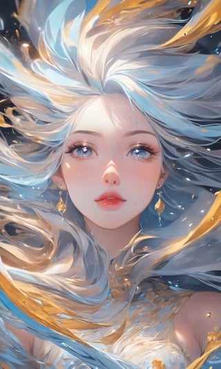 splash art, a close up liquid luminous lady made of colors, golden, white pastel blue silver, filigree, filigree detailed, color drops, coloe waves, splash style of colorful paint, hyperdetailed intricately detailed, unreal engine, fantastical, intricate detail, splash screen, complementary colors, fantasy, concept art, 8k resolution, deviantart masterpiece, oil painting, heavy strokes, paint dripping, splash arts, fantasy art, by Yanjun Cheng, guweiz, by atey ghailan, Greg Rutkowski, greg tocchini, Sakimichan, Bowater, artgerm, wlop. concept art, centered composition perfect composition, centered, intricated pose, intricated,K-Eyes